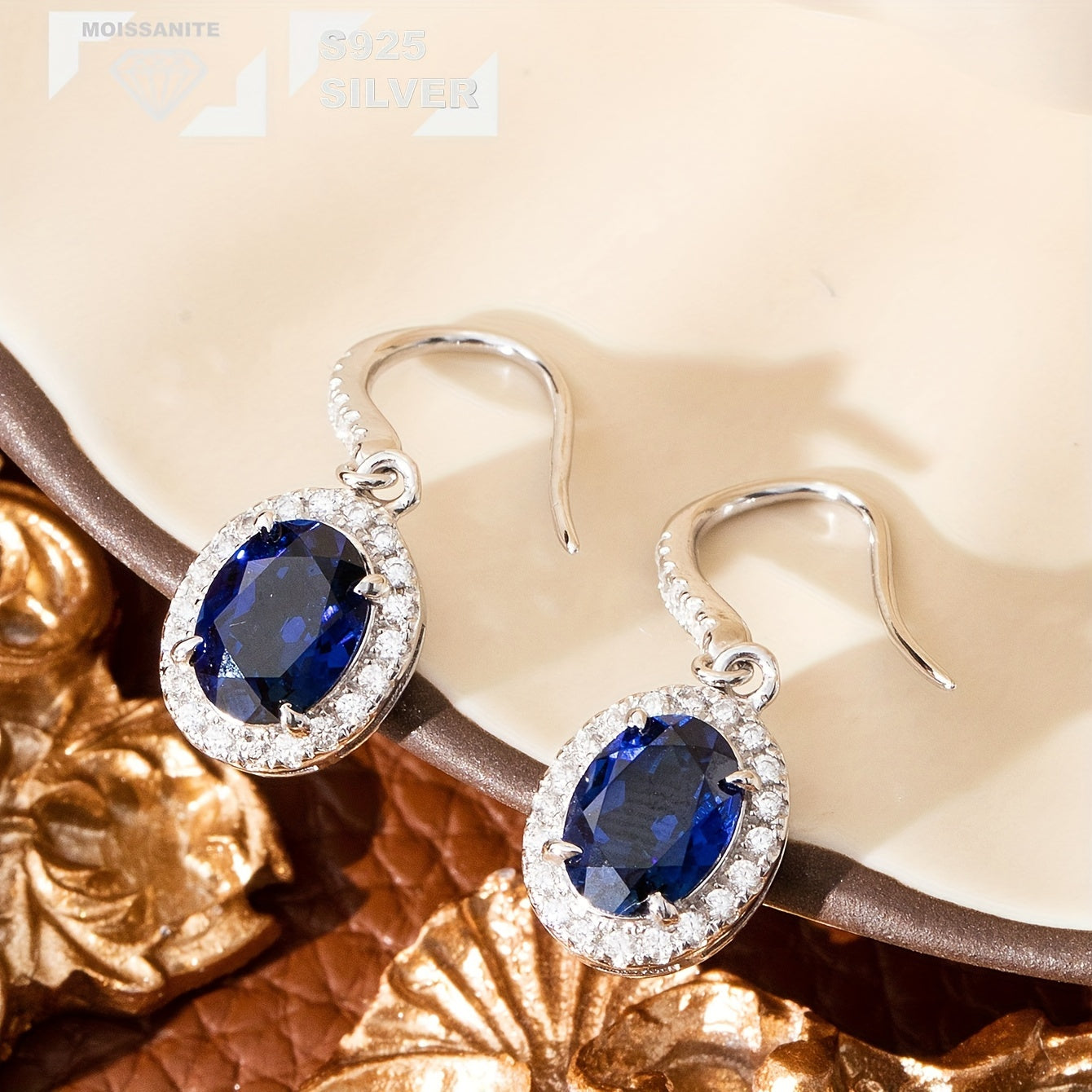 Sterling Silver Drop Earrings with Synthetic Sapphire Moissanite Oval Vintage Jewelry