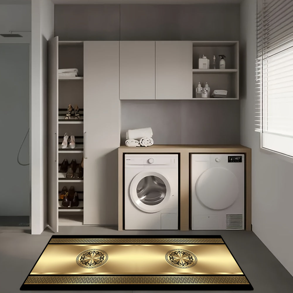 Yevropa uslubidagi mehmonxona kirish gilamasi, oltin naqshli, dog'ga chidamli velur