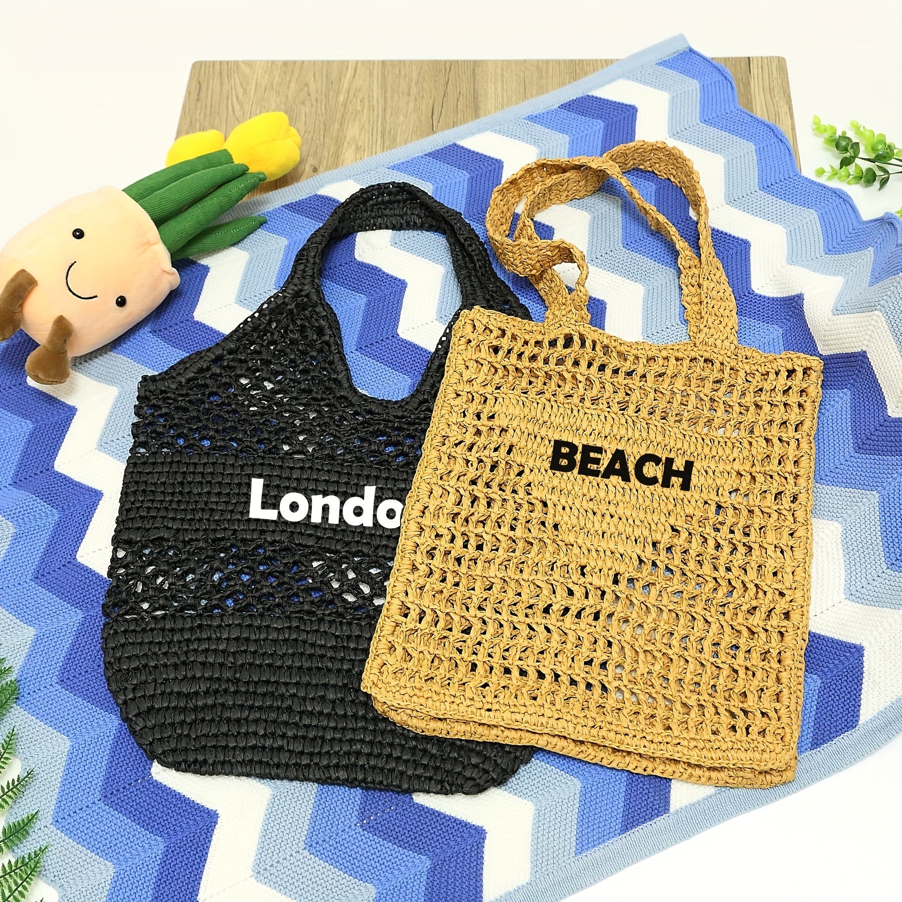 Large Capacity Women's Beach Tote Bag with Custom Embroidery, Hand-Woven Mesh
