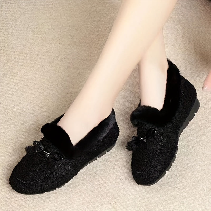 Women's Cozy Loafers Solid Color Microfiber Bow Non-Slip Rubber Sole All-Season