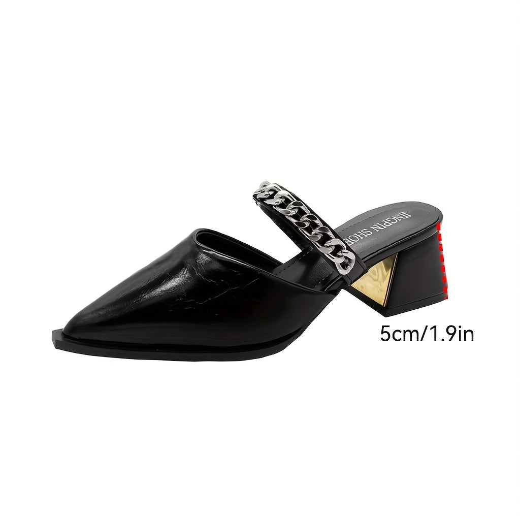 Women's Pointed Toe Chunky Heel Shoes Synthetic Braided Ankle Strap Black Brown