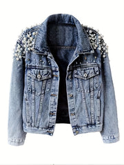 Women's Denim Jacket With Pearls Spring Autumn Street Style