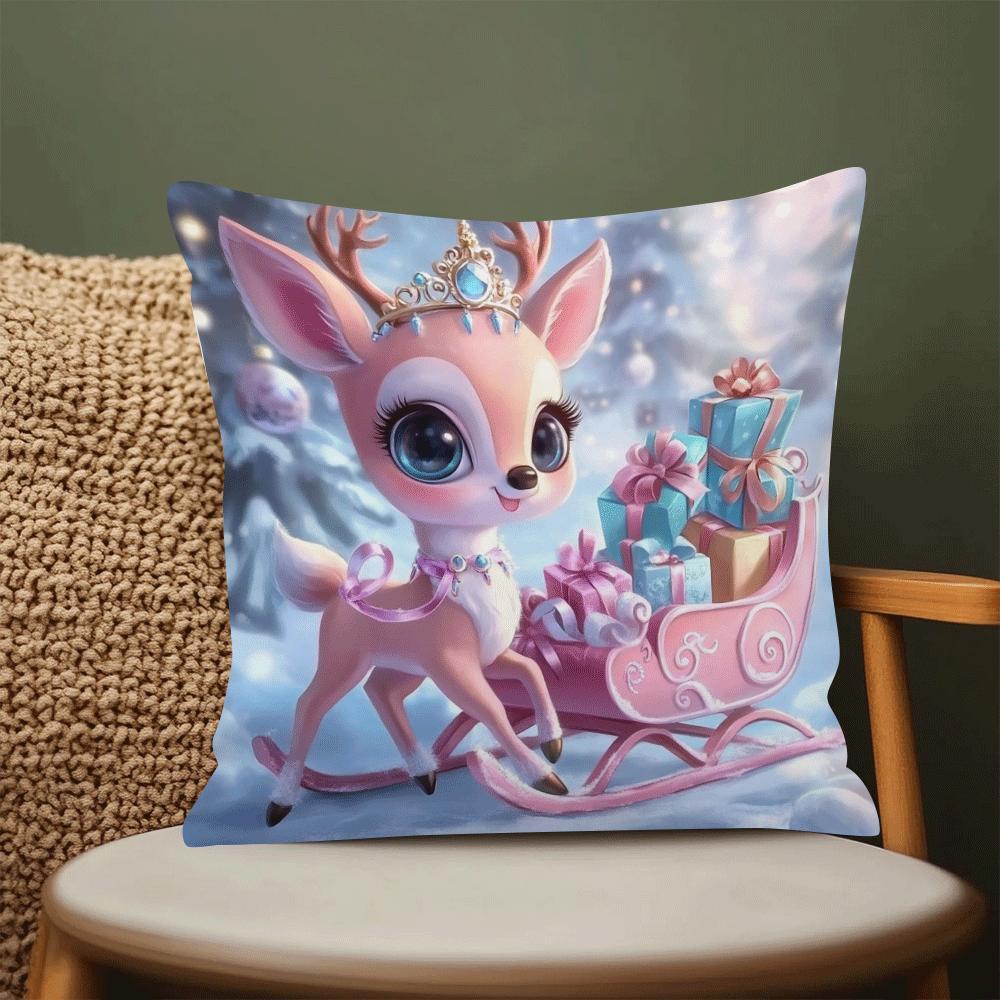 Festive Christmas Throw Pillow Cover 45cm Square Elf and Reindeer Design Polyester