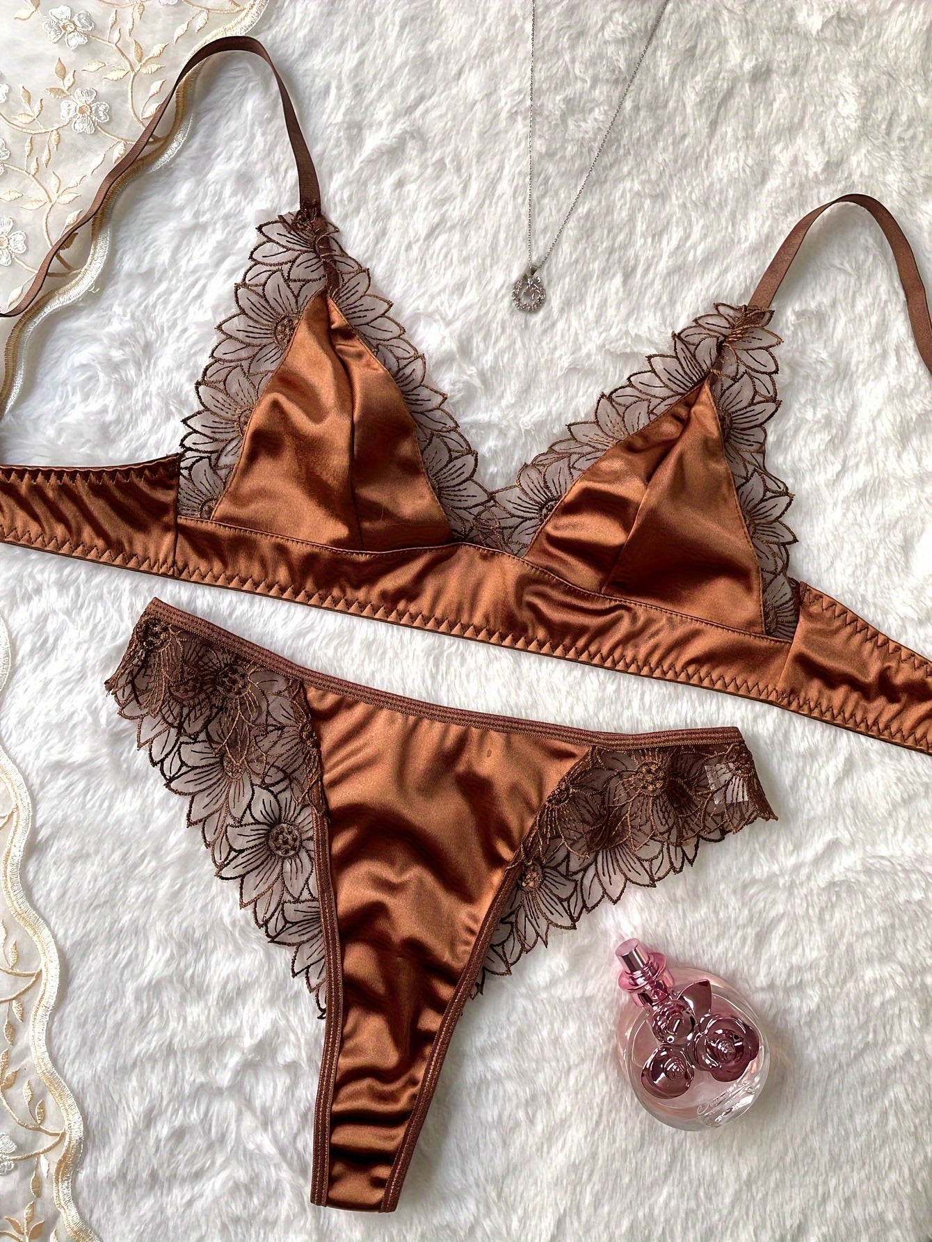 Lingerie Set with Embroidered Coffee Color and Luxurious Fabric