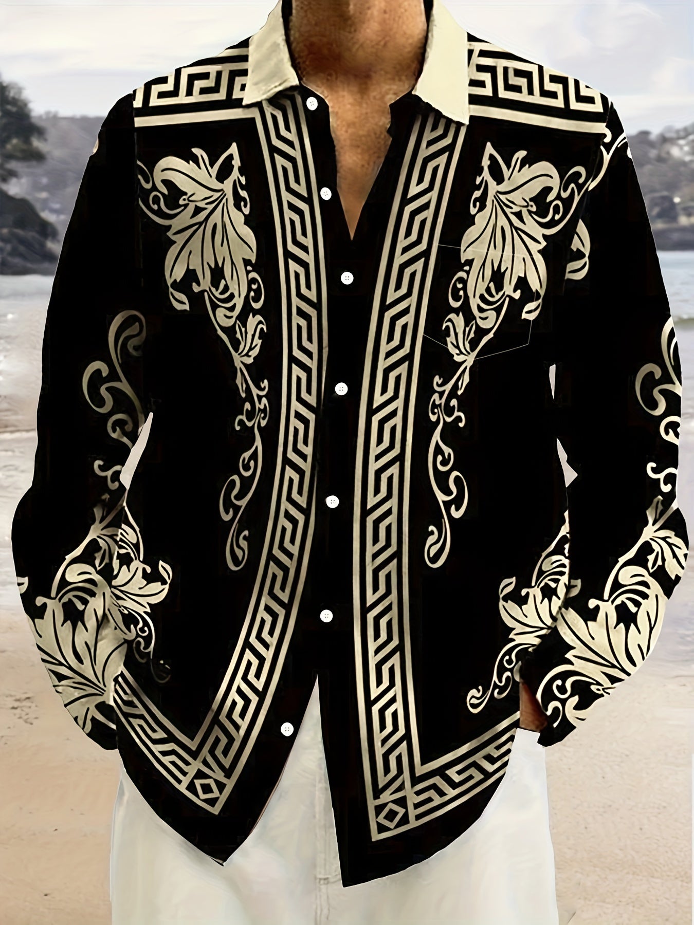 Men's Plus Size Vintage Baroque Floral 3D Print Long Sleeve Shirt with Pocket