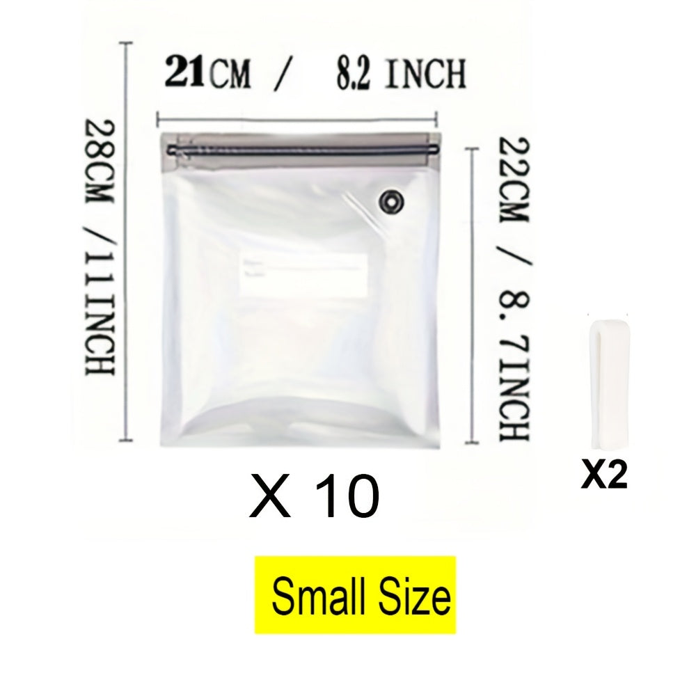 12-pack vacuum food storage bags with zipper, includes 10 bags 2 clips