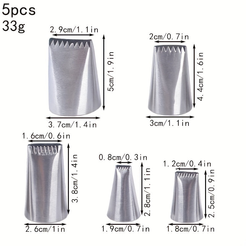 5 dona zanglamas po'latdan yasalgan quvur uchlari to'plami - murakkab tort bezash uchun ideal, tishli va tekis qirralar bilan. Tug'ilgan kun va yubiley bayramlari uchun ideal, zarur tort bezash materiallarini o'z ichiga oladi.