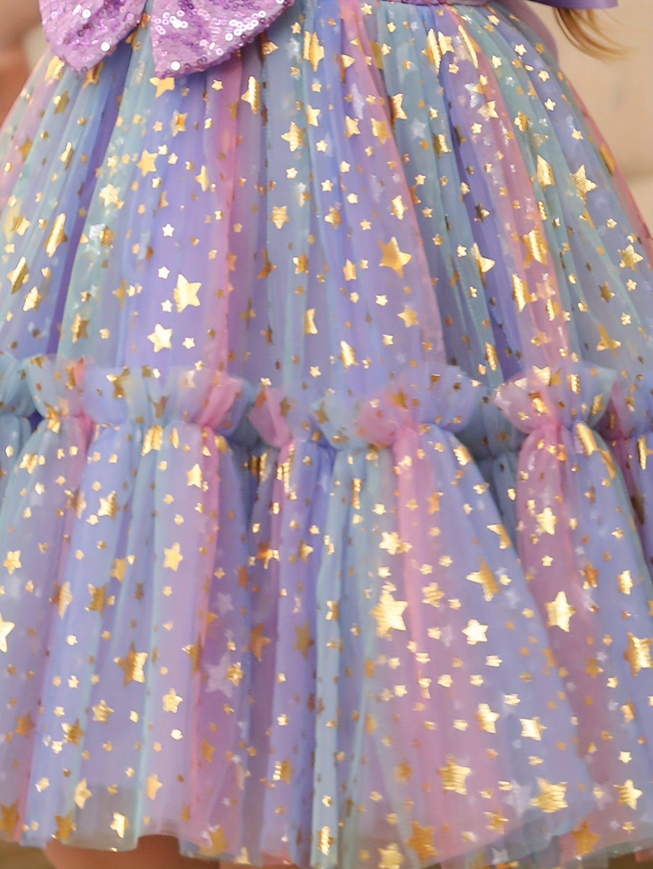 Girls Sequin Starry Sky Mesh Princess Dress with Bow for Birthday Parties