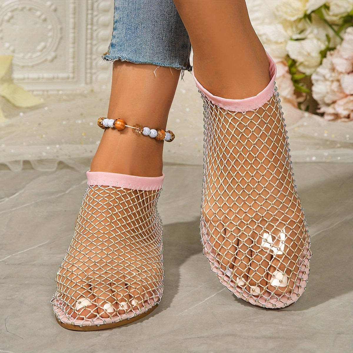 Women's Mesh Rhinestone Flat Sandals with Elastic Band and Cut-Out Design