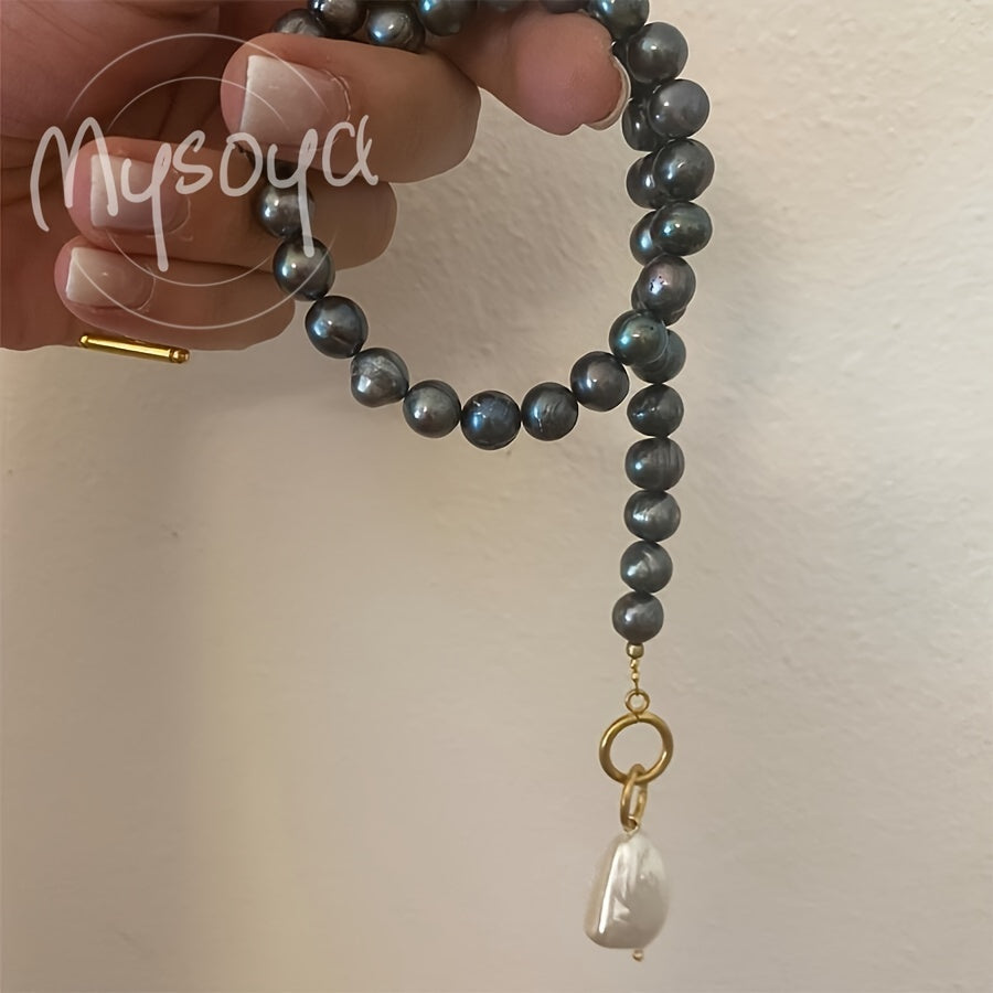 MYSOYA Vintage Elegant Baroque Qora Shirin Suv Marvarid Pendanti Zanjir 8-9mm, Tabiiy Iyul Tug'ilgan Kuni To'pi, Qo'lda Yasalgan, U uchun Ideal Sovg'a, Har Kunlik Kiymak Uchun Mos, Maxsus Tadbirlar va Bayramlar Uchun, Sovg'a Qutisi Bilan Birga Keltiriladi