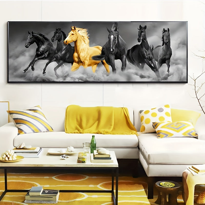 Golden Six Running Horses Canvas Wall Art for Animal Lovers and Home Decor