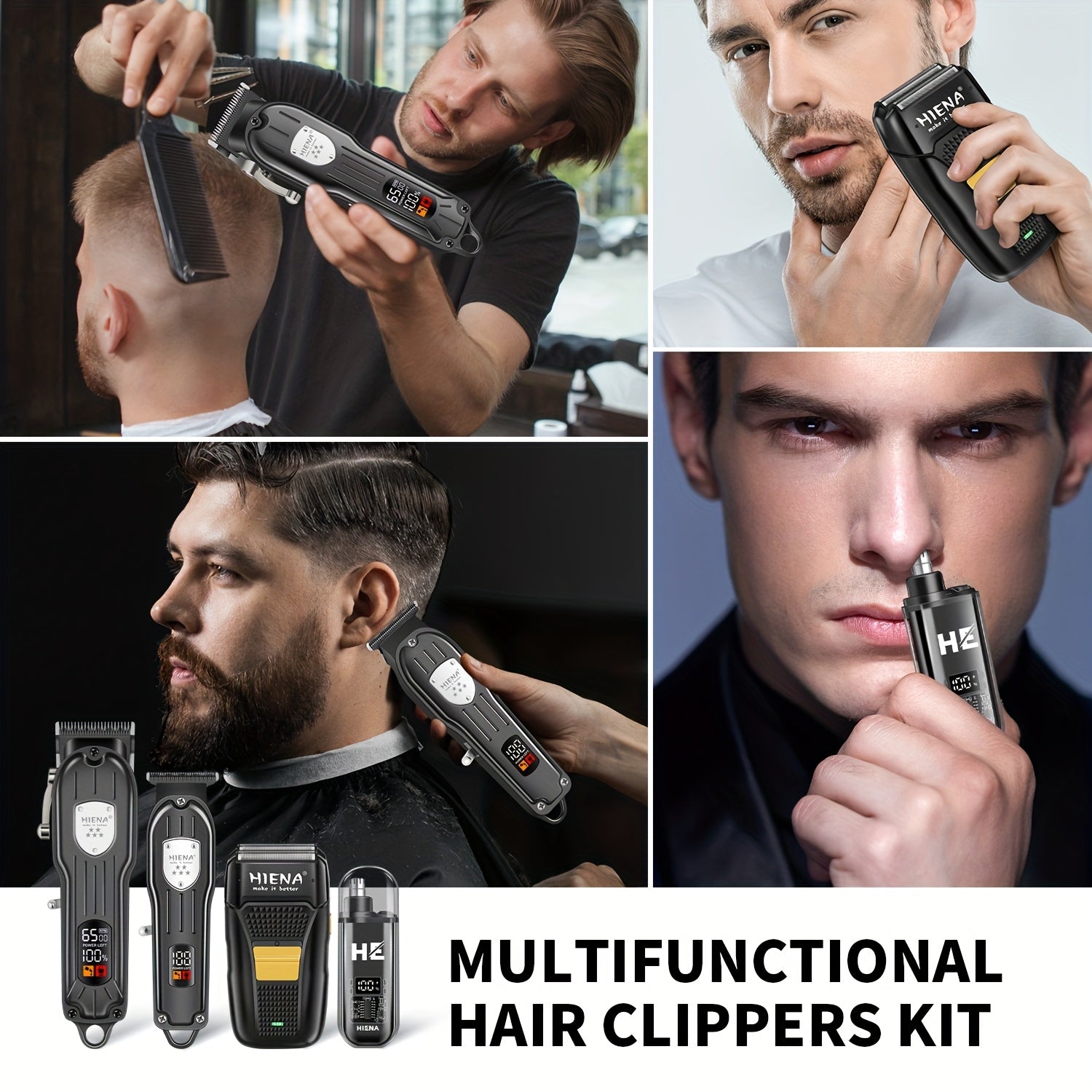 Набор для ухода за мужчинами Hiena Professional включает беспроводной машинкой для стрижки волос, триммер с нулевым зазором T-образной лезвия, триммер для носа, перезаряжаемый электробритву с цифровым дисплеем уровня заряда батареи. Идеально