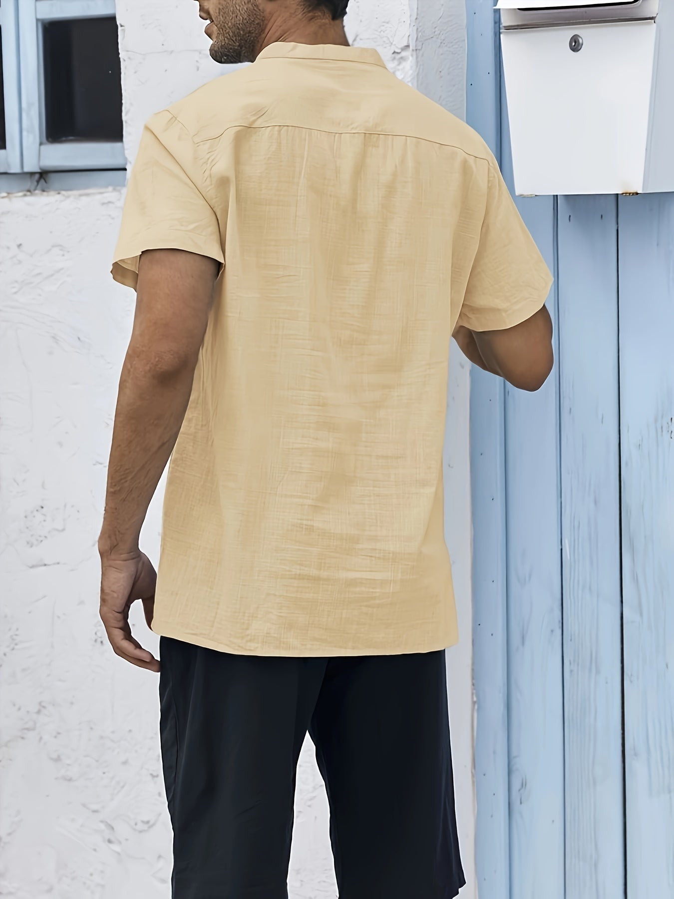 Мужская хлопково-ленточная короткая рубашка с воротником-стойкой, карманом, однотонная, увеличенного размера