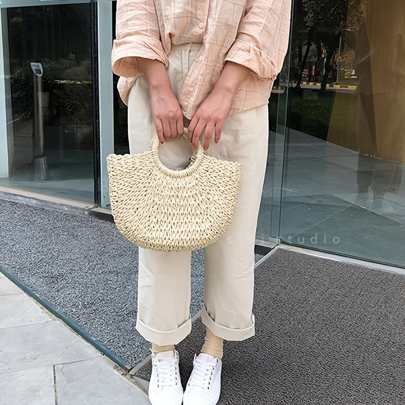 Women's Straw Crescent Bag Vintage Woven Shoulder Bag Beige Khaki