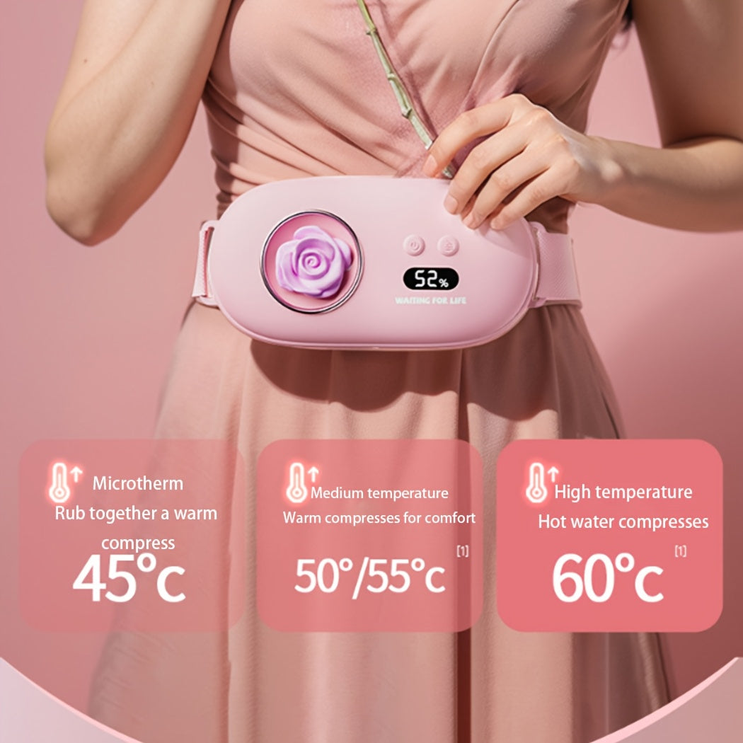 USB orqali zaryadlanadigan bel va qorin massaj qilish kamar, issiq siqish bilan, ixcham dizayn. Qizil rangda, binafsha atirgul naqshi bilan. Menstrual og'riqlarni kamaytirish uchun ideal sovg'a. Namni so'rib oladigan mato bilan qulay kiyish.