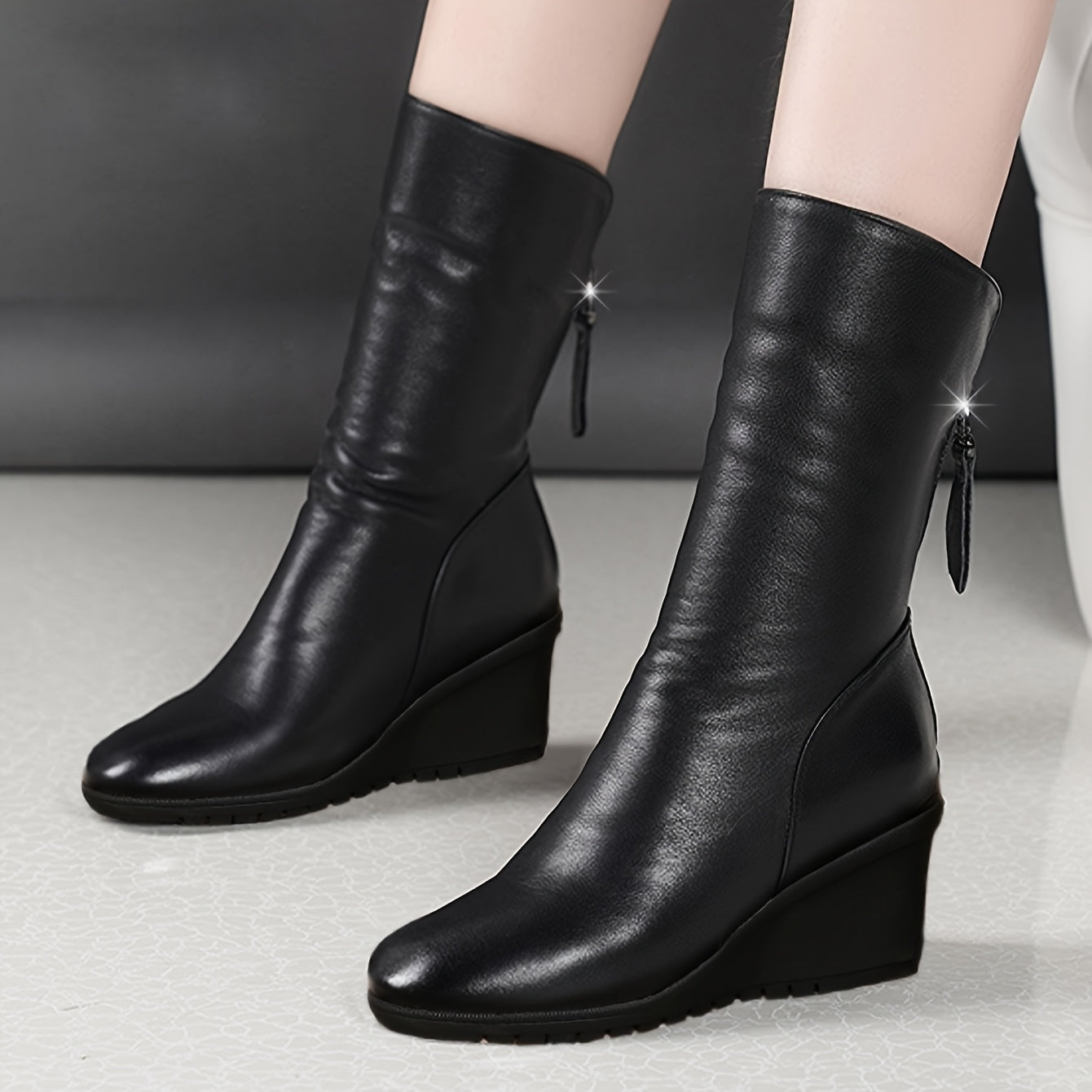 Women's Mid-Calf Faux Leather Boots with Wedge Heel for Autumn Winter