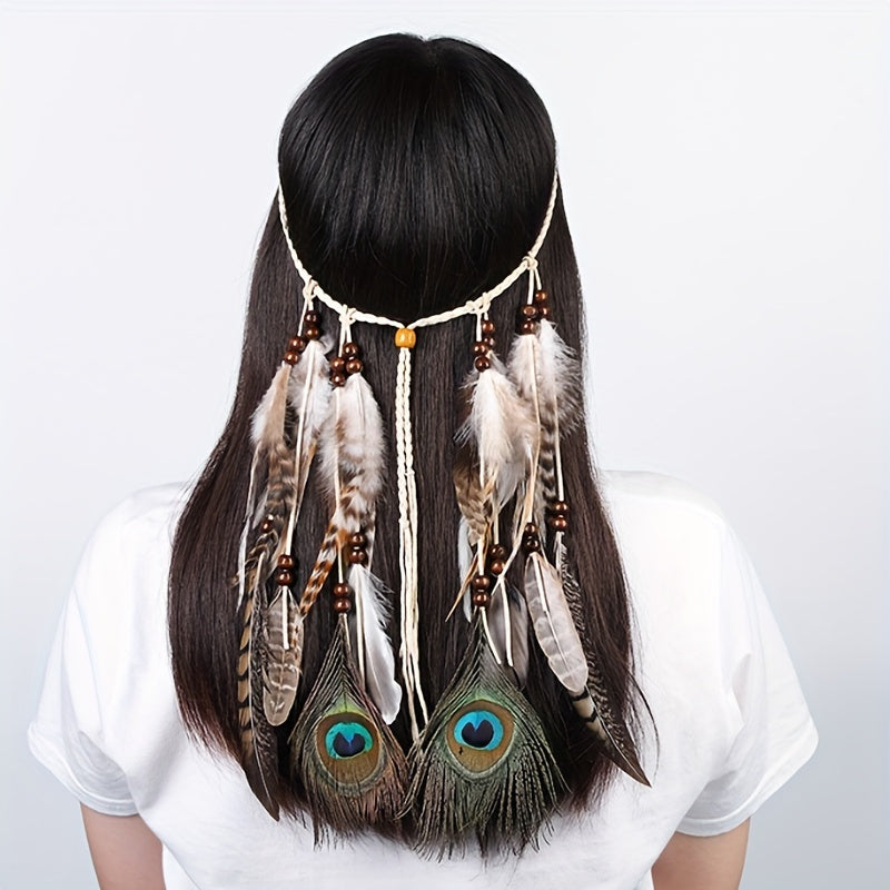Bohemian Peacock Feather Headband with Tassels for Women