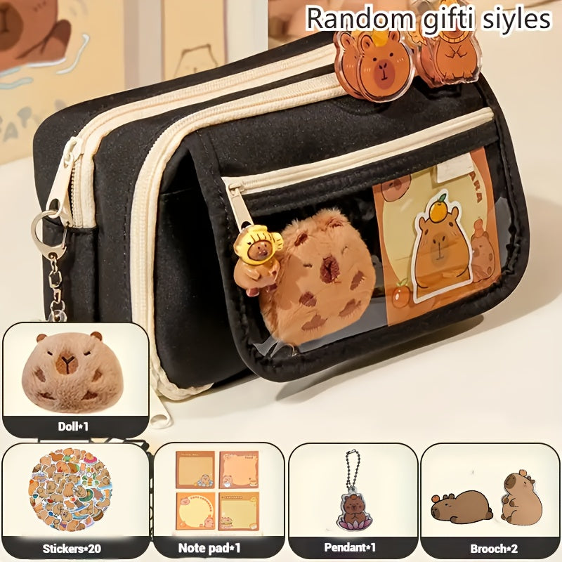 6-Piece Capybara Pencil Case Set with Zipper Canvas Bag Storage Box Notepad and Accessories