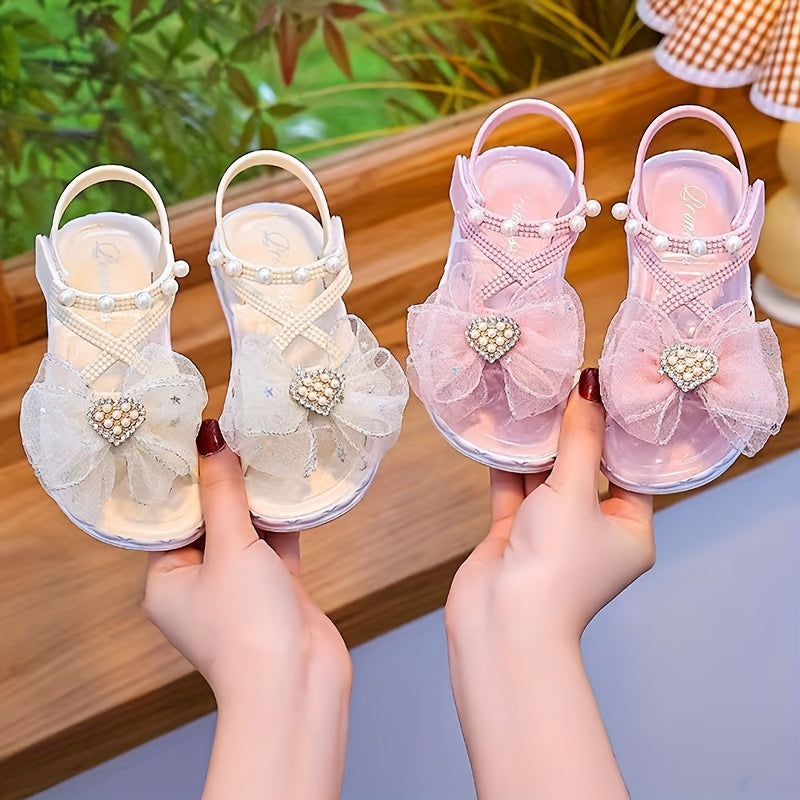 Toddler Girls Princess Sandals Beaded Hearts Star Pattern PVC Flat Sole Adjustable Strap Pink Beige