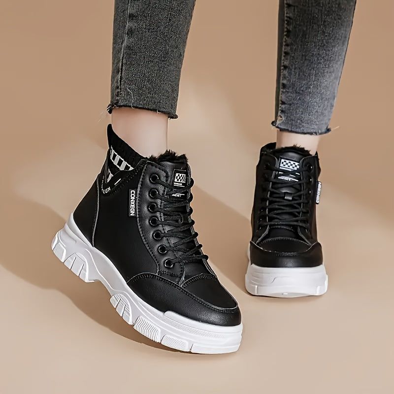 Women's Thick Sole Ankle Boots Warm Fleece Winter Lace-Up