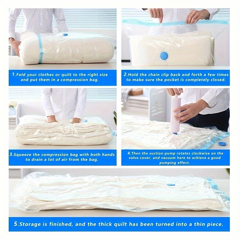 3 ta vakuum saqlash sumkasi qo'l pompasiga ega, joyni tejash uchun mustahkam sumkalar, ixcham egish uchun 3 o'lcham, pastki kurtkalar, ko'rpa-to'shaklar va ko'rpa uchun ko'p maqsadli cho'zilgan plastik sumkalar - elektr rozetkasi talab qilinmaydi.