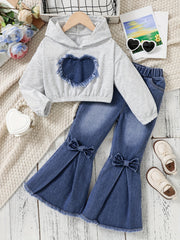 Girls' 2-Piece Denim Flare Jeans and Hoodie Set for Girls 12 and Under