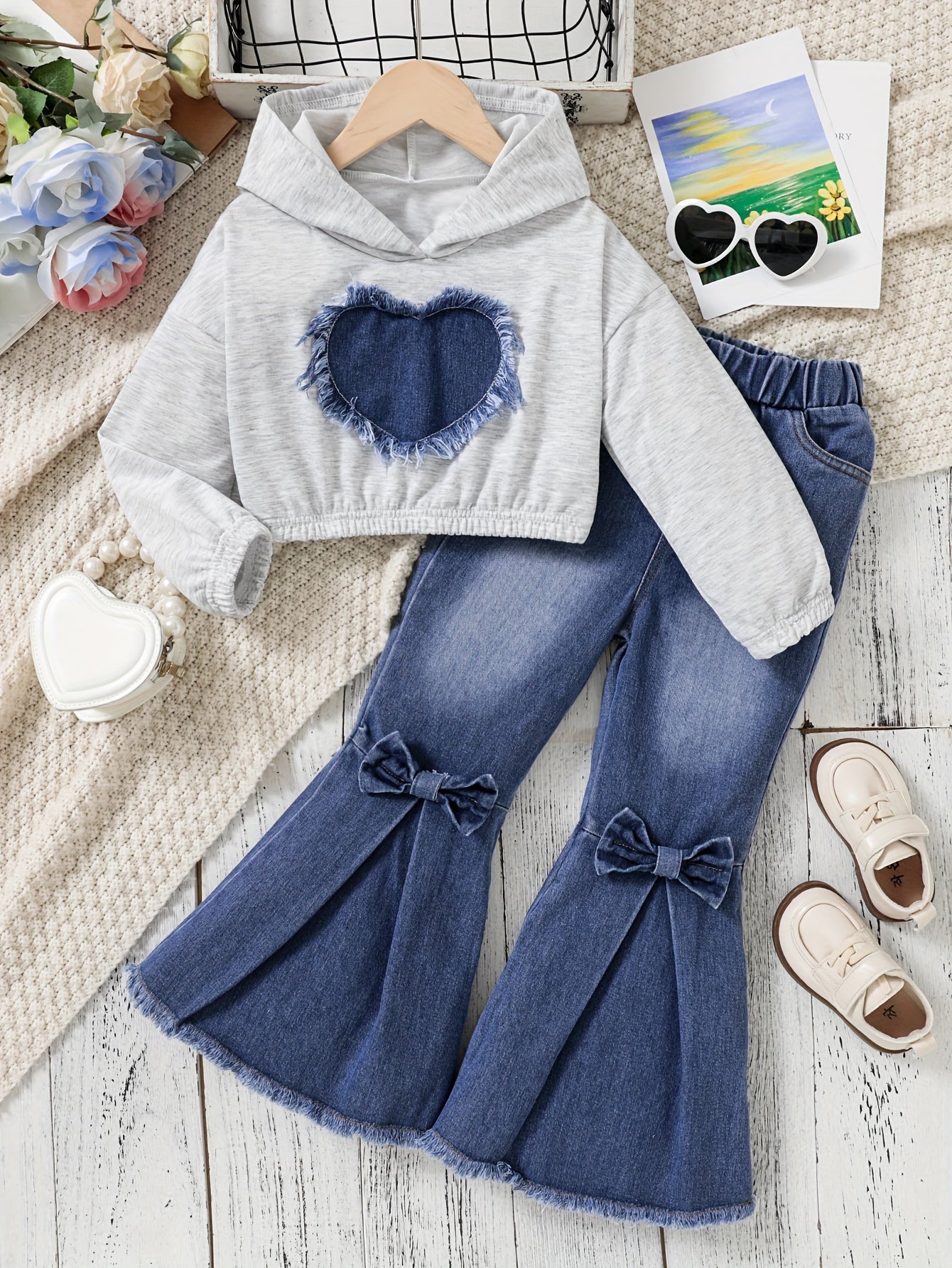 Girls' 2-Piece Denim Flare Jeans and Hoodie Set for Girls 12 and Under