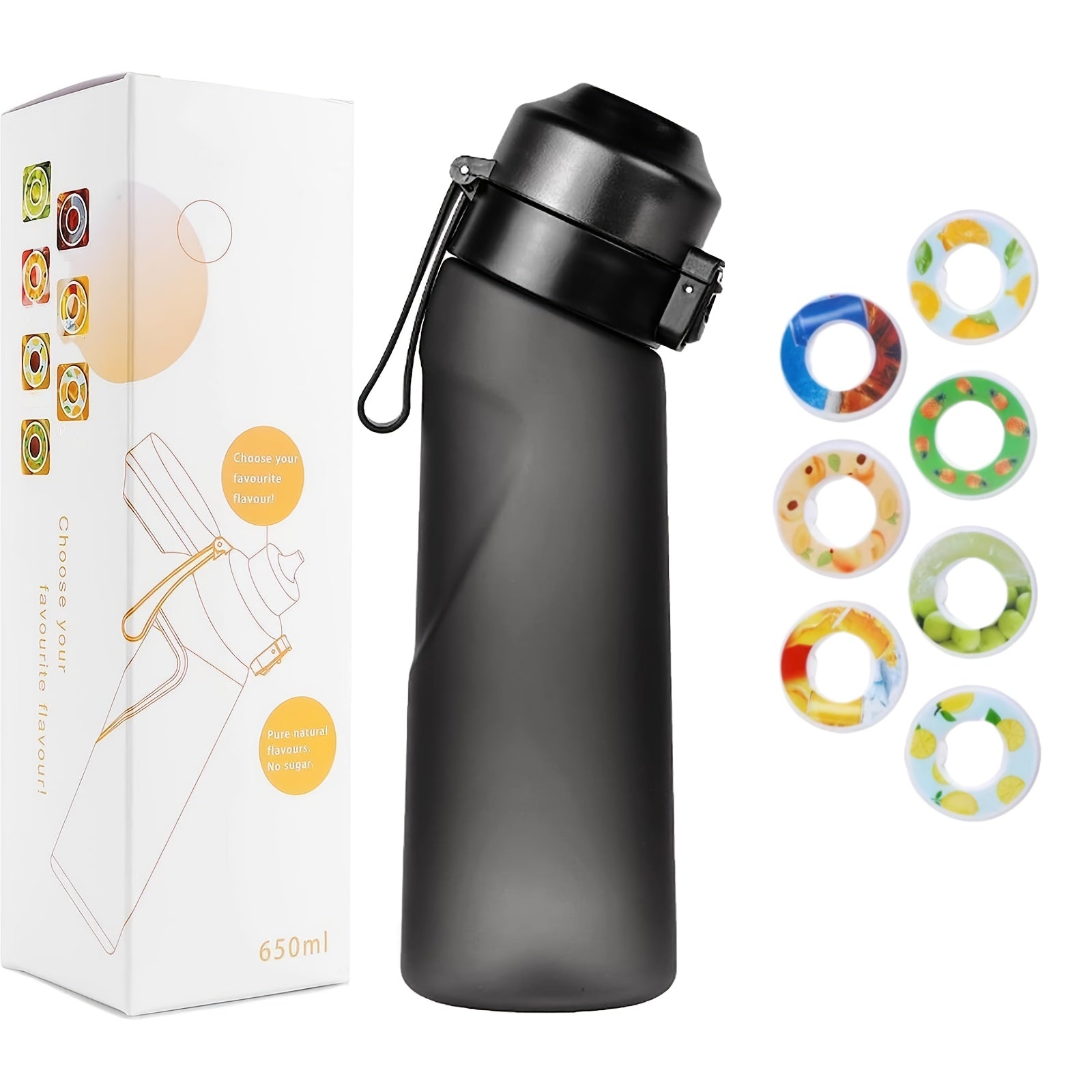 Sports Water Bottle Set with 7 Fruity Scented Capsules, Straw, Transparent Colors