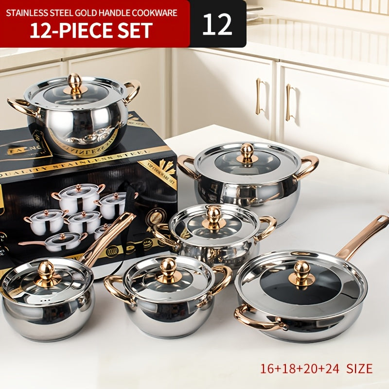 Zanglamaydigan po'latdan yasalgan sho'rva qozonlari to'plami, oltin tutqichlar bilan, qalinlashtirilgan konstruktsiya, olma shaklidagi idishlar