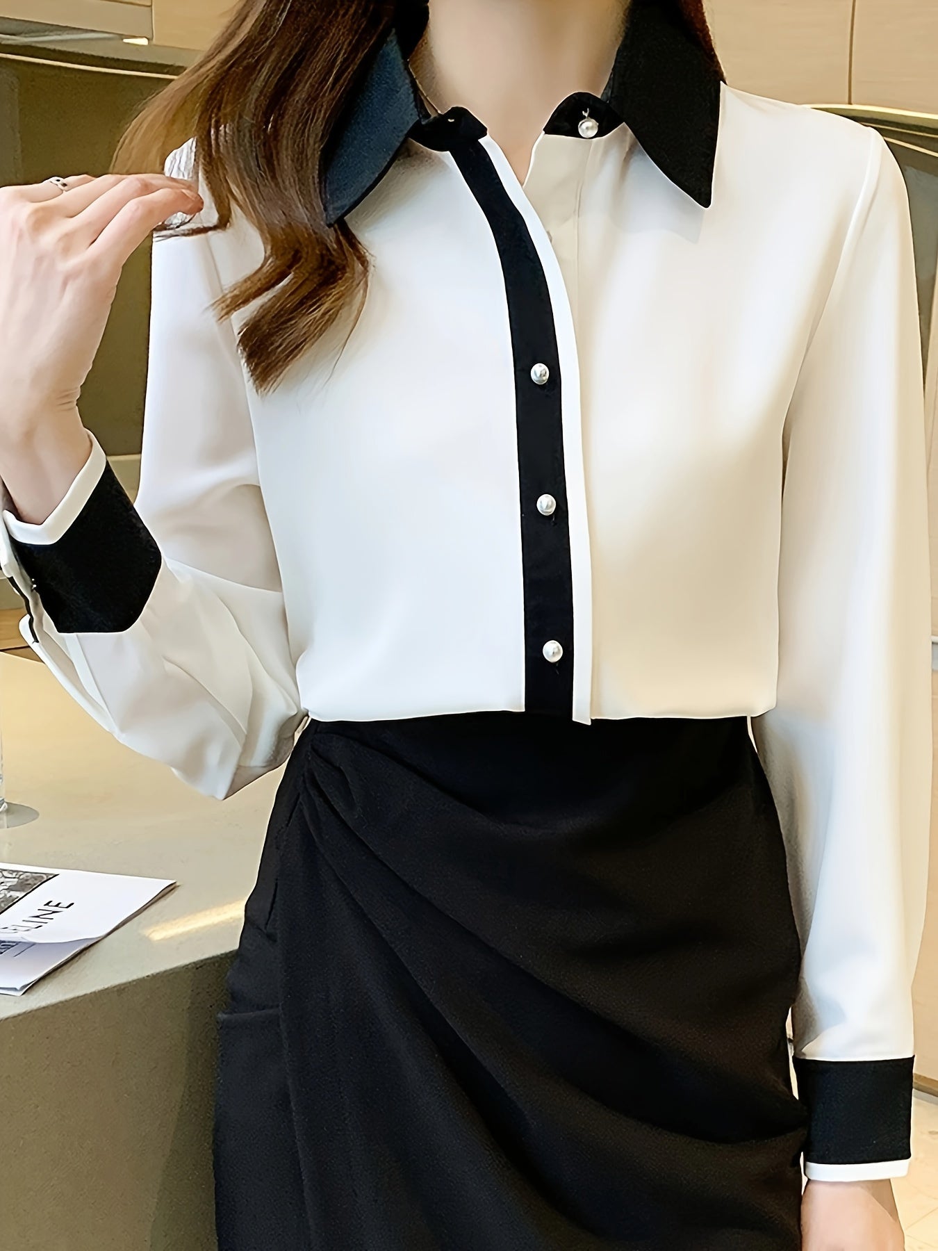 Women's Long Sleeve Button-Up Shirt with Contrast Trim Casual Spring Fall Solid Color