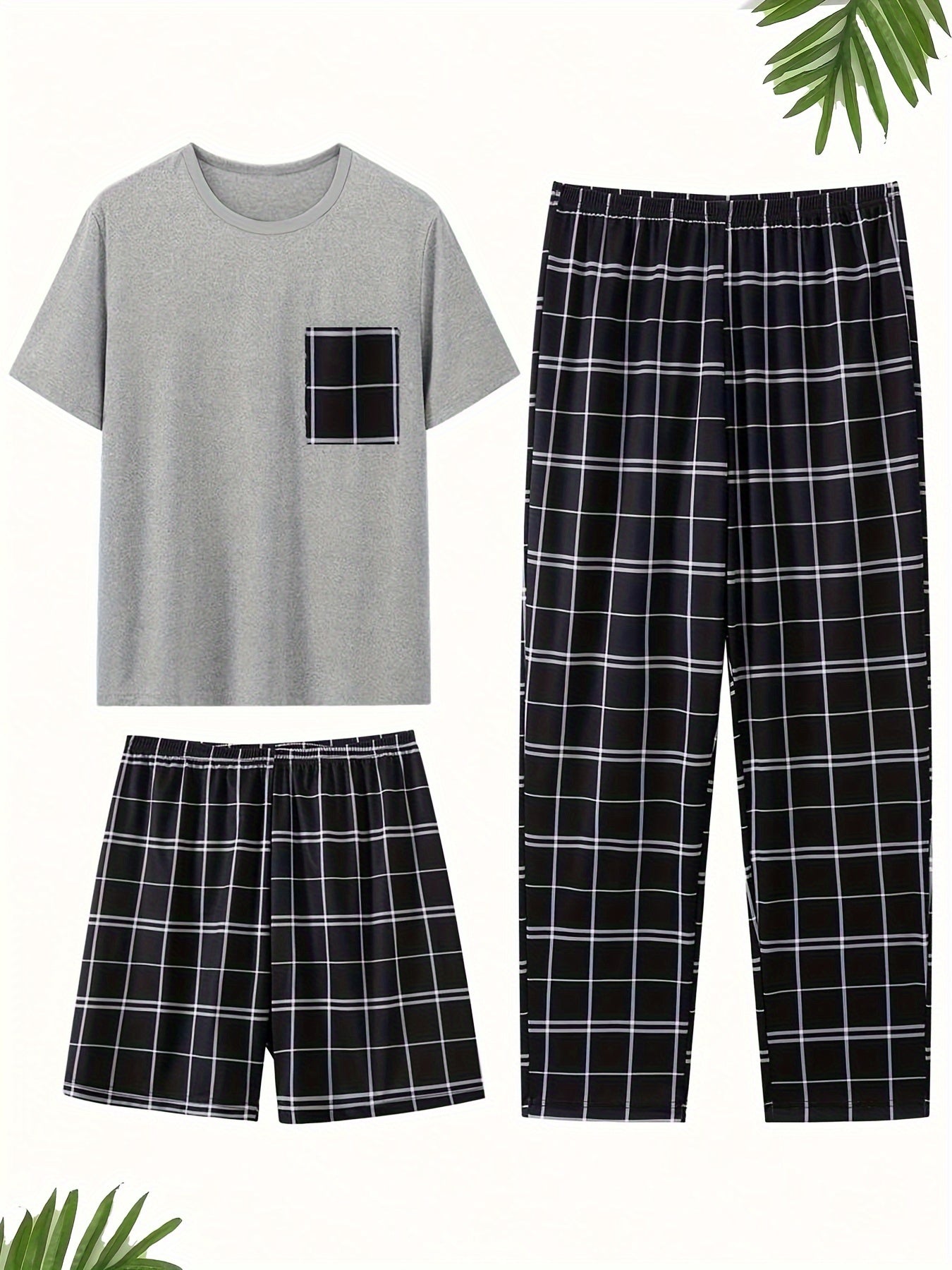 Men's 3-Piece Pajama Set Black White Polyester Blend Short Sleeve Tee Plaid Pocket