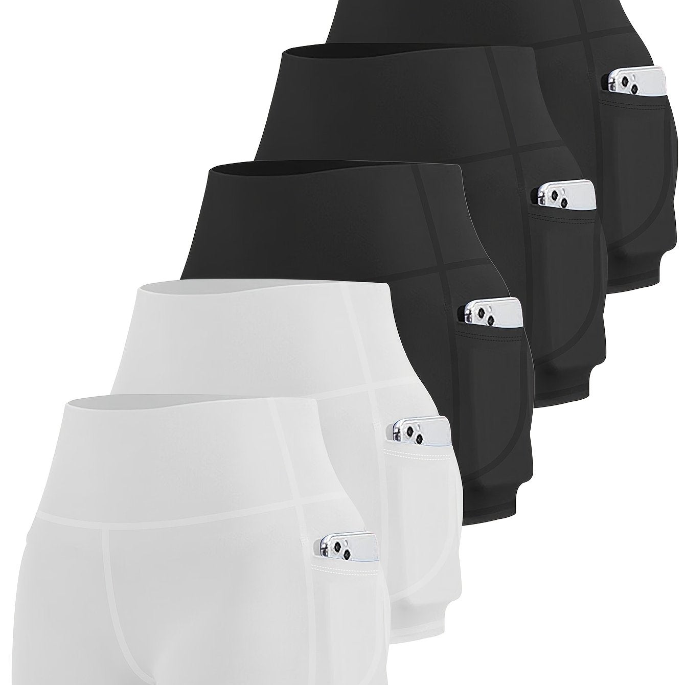 Ayollar uchun kattaroq o'lchamdagi yuqori belli yoga shorti to'plami, 5 ta, chuqur cho'ntaklar bilan