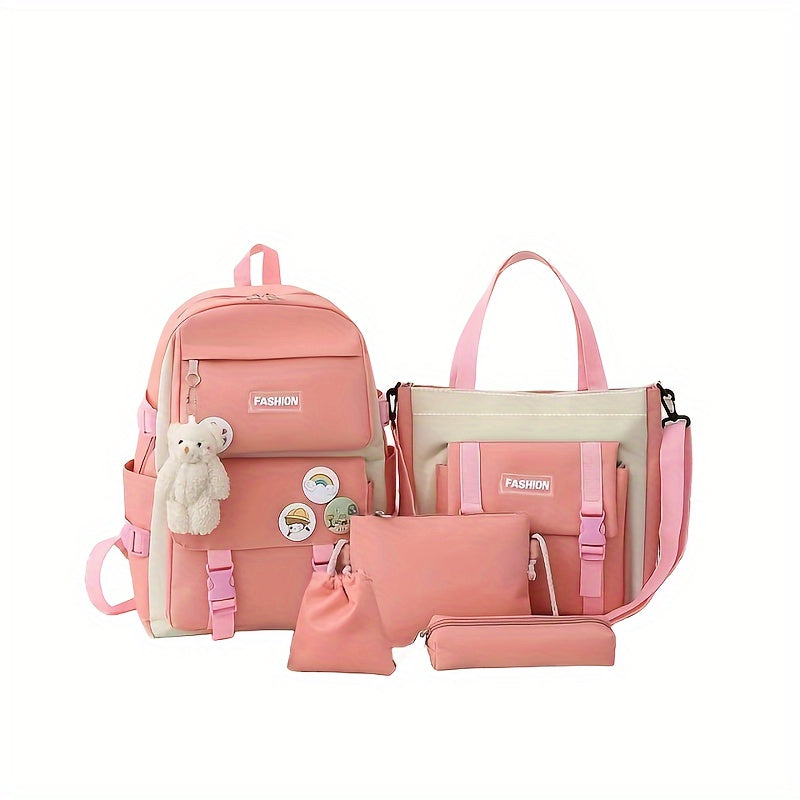 5ta qismli maktab sumkasi to'plami o'smirlar va bolalar uchun Oxford sumkasi, mo'ynali ayiqcha tanga hamyoni, qalam sumkasi va chizilgan sumka, ko'k bej