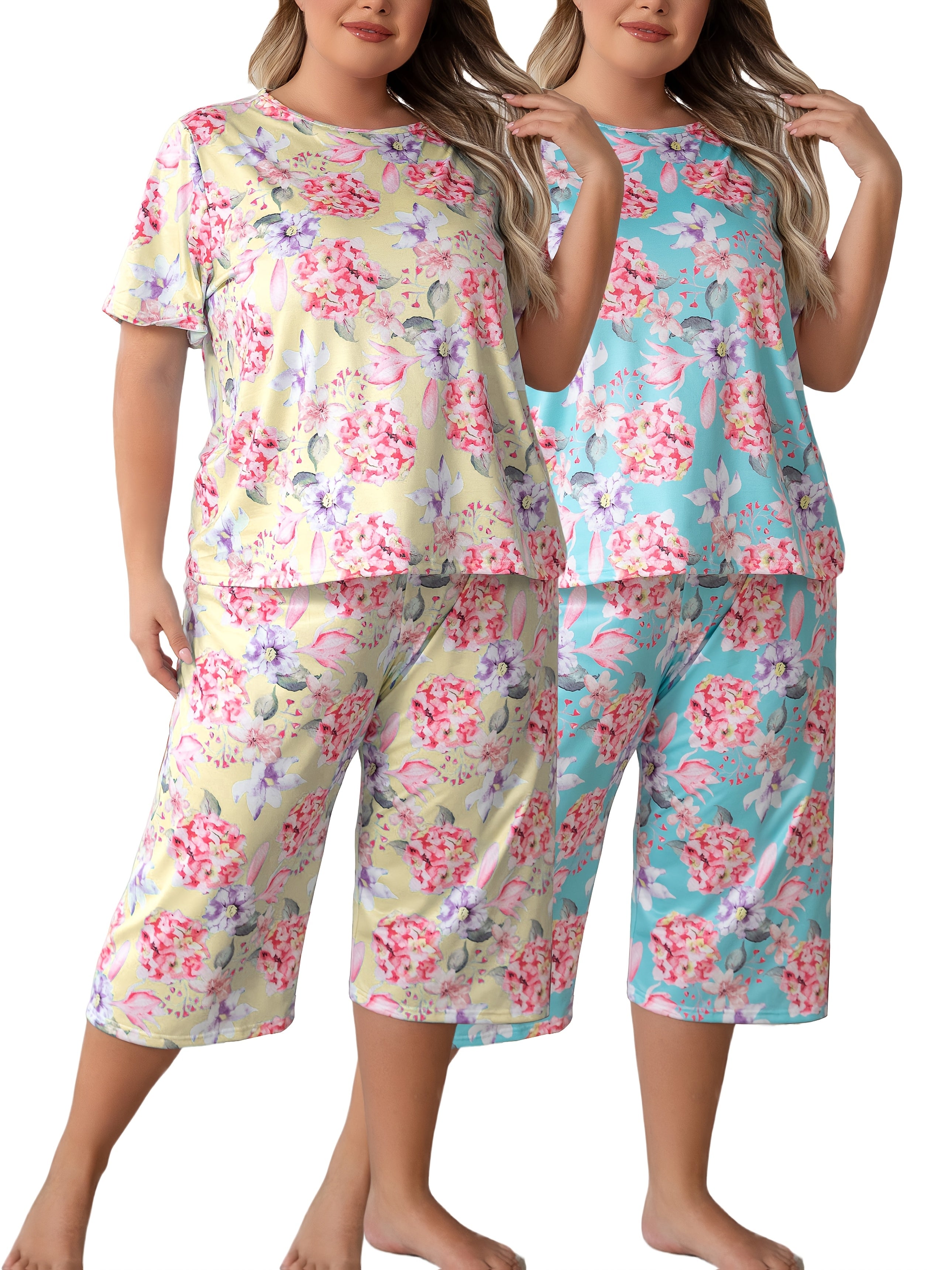 Plus-Size Floral Print Short-Sleeve and Three-Quarter Loungewear Set Comfortable