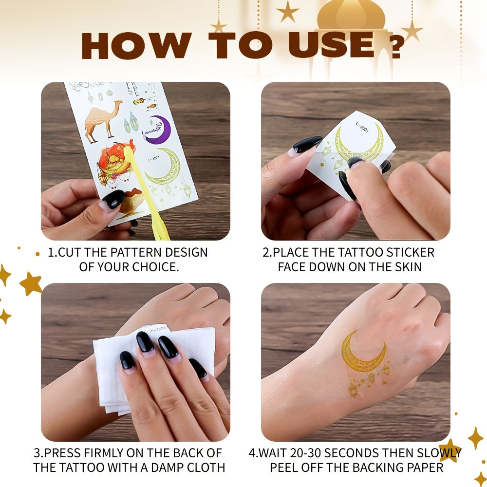 10 Eid Mubarak Temporary Tattoos Moon Stars Mosque Face Body Decorations Pack of 10