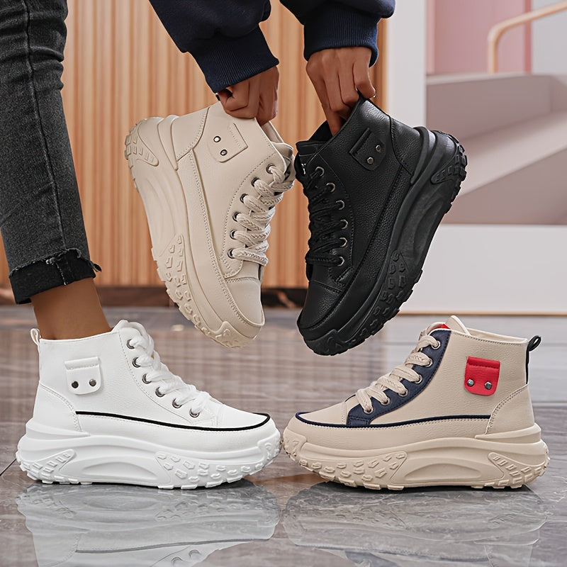 Women's Black PU Cover Platform Sneakers with Thick Sole and Zipper