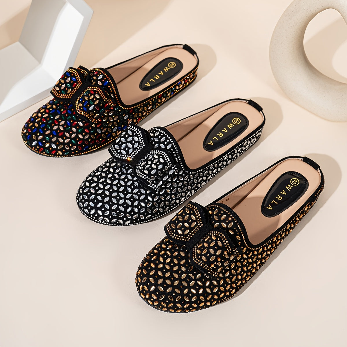 Women's Vintage Rhinestone Bowknot Mules Black Fabric Flats All-Season