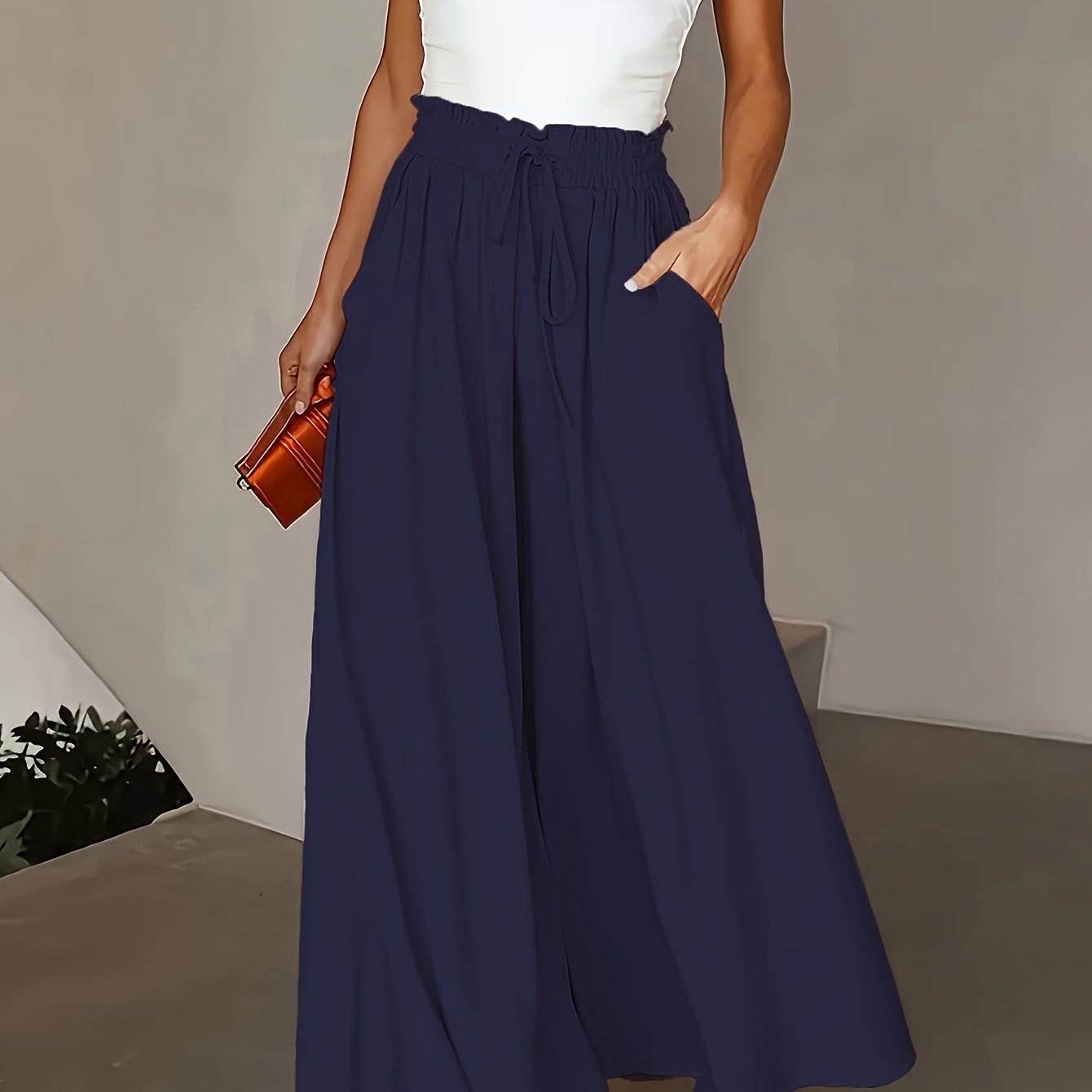 Pantalones de pierna ancha de talla grande para mujer, color azul sólido, poliéster ligero, ropa casual de playa