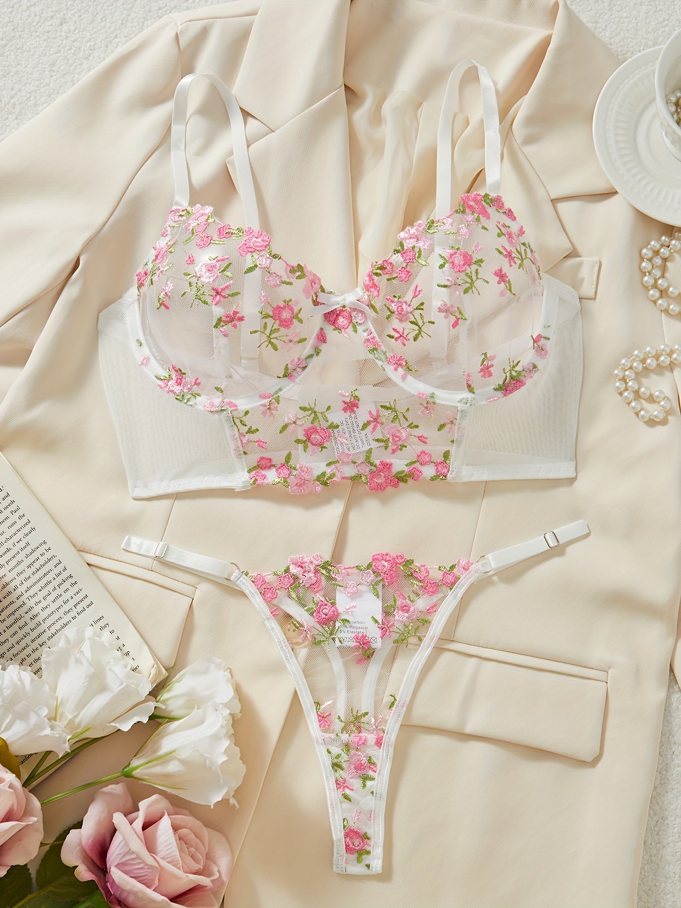 Women's Lace Satin Lingerie Set with Adjustable Straps and Floral Design