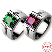 Unisex 925 Silver Punk uzuk, Qizil va Yashil toshlar bilan, Kvadrat sun'iy zirkoniya kristall dizayni, Juftlar uchun mukammal.