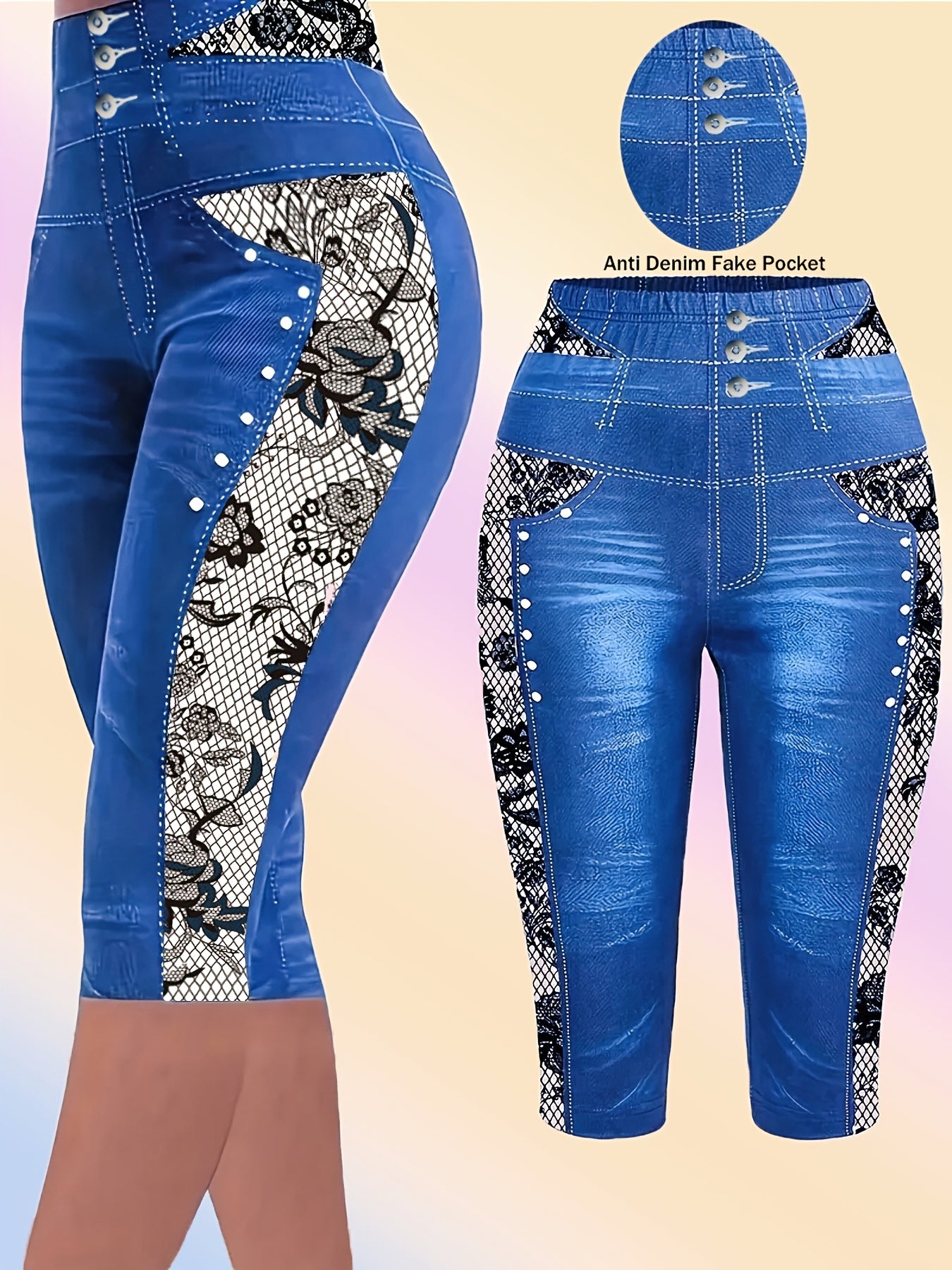 Leggings de mezclilla de talle alto para mujer de tallas grandes con estampado de encaje de calavera