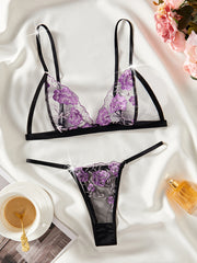 Women's Floral Embroidered Lingerie Set with Sheer Mesh Bra and Thong
