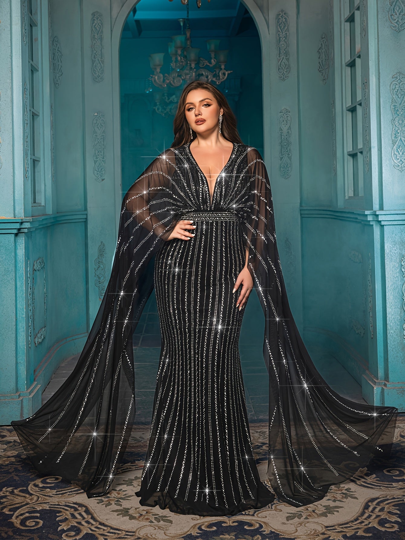 Plus Size Black Evening Dress Rhinestones Puff Sleeves Bow Neckline