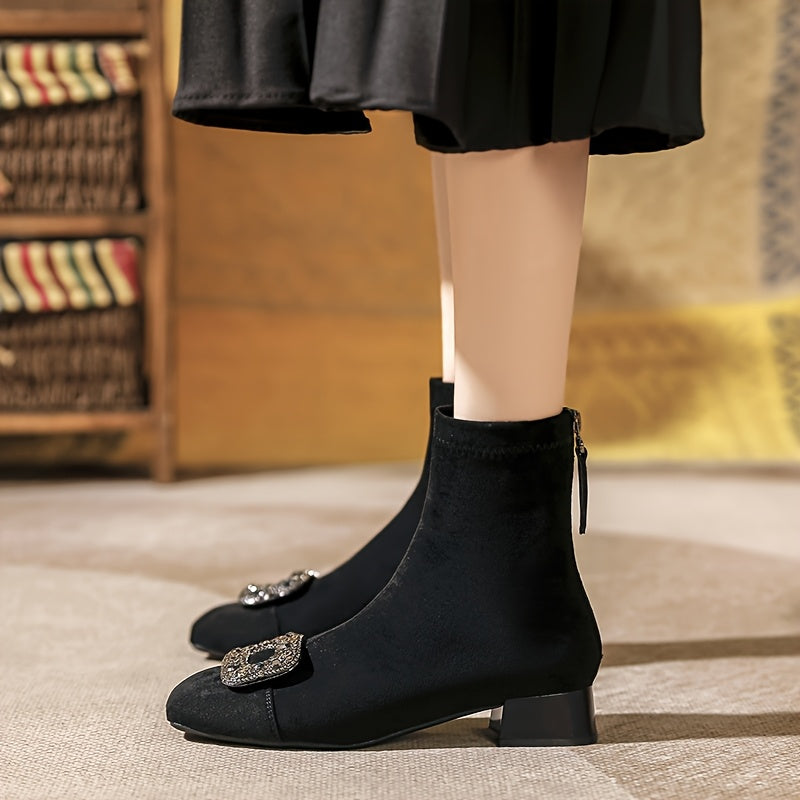 Women's Faux Leather Mid-Heel Boots with Rhinestone Buckle and Zipper