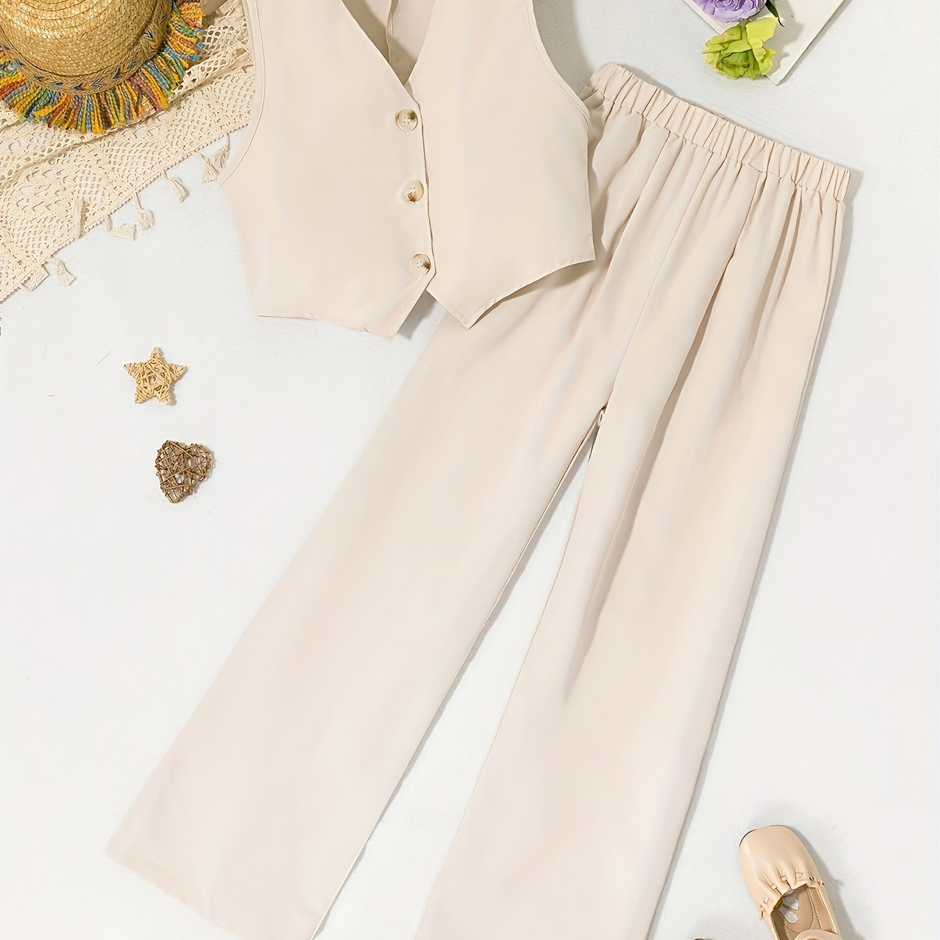 Girls Summer Outfit Set French V-Neck Top and Loose Straight Pants Casual Retro Style