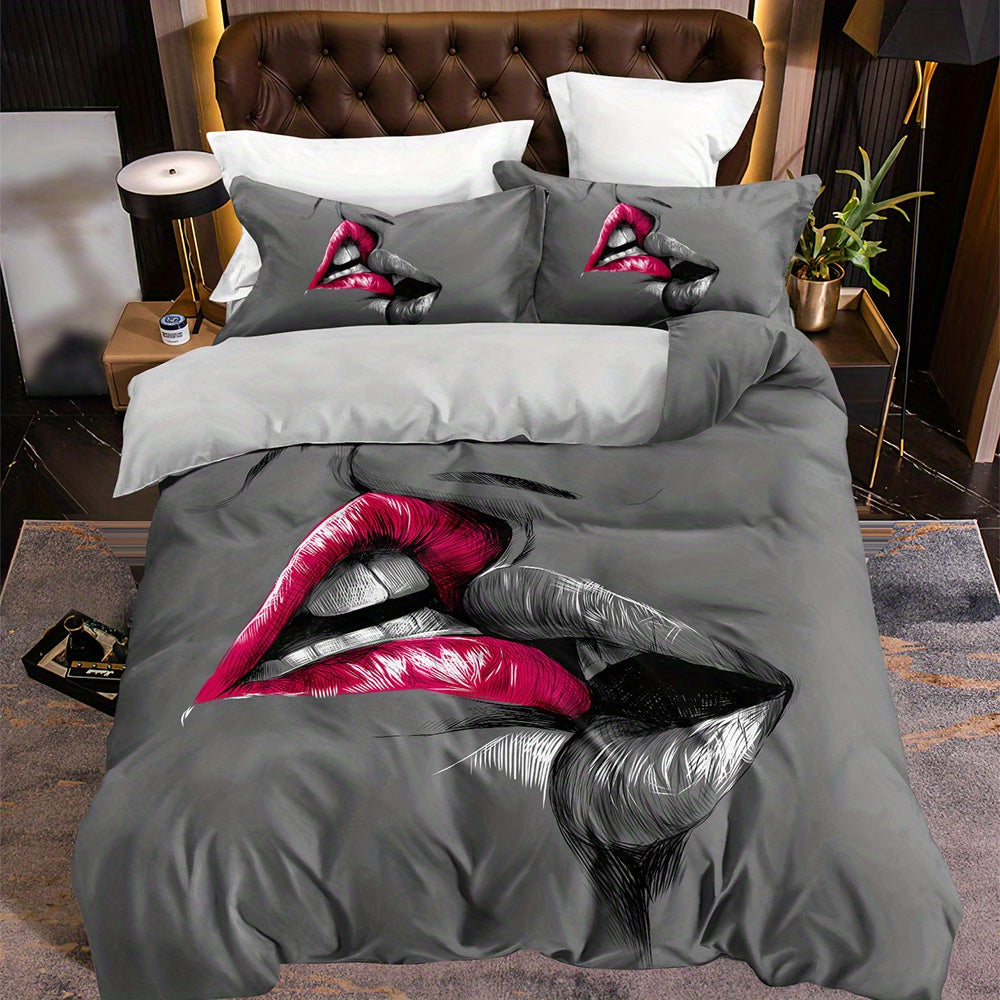 Couple Bedding Set with Crimson Lips Kissing Sketch Duvet Cover and Pillowcases