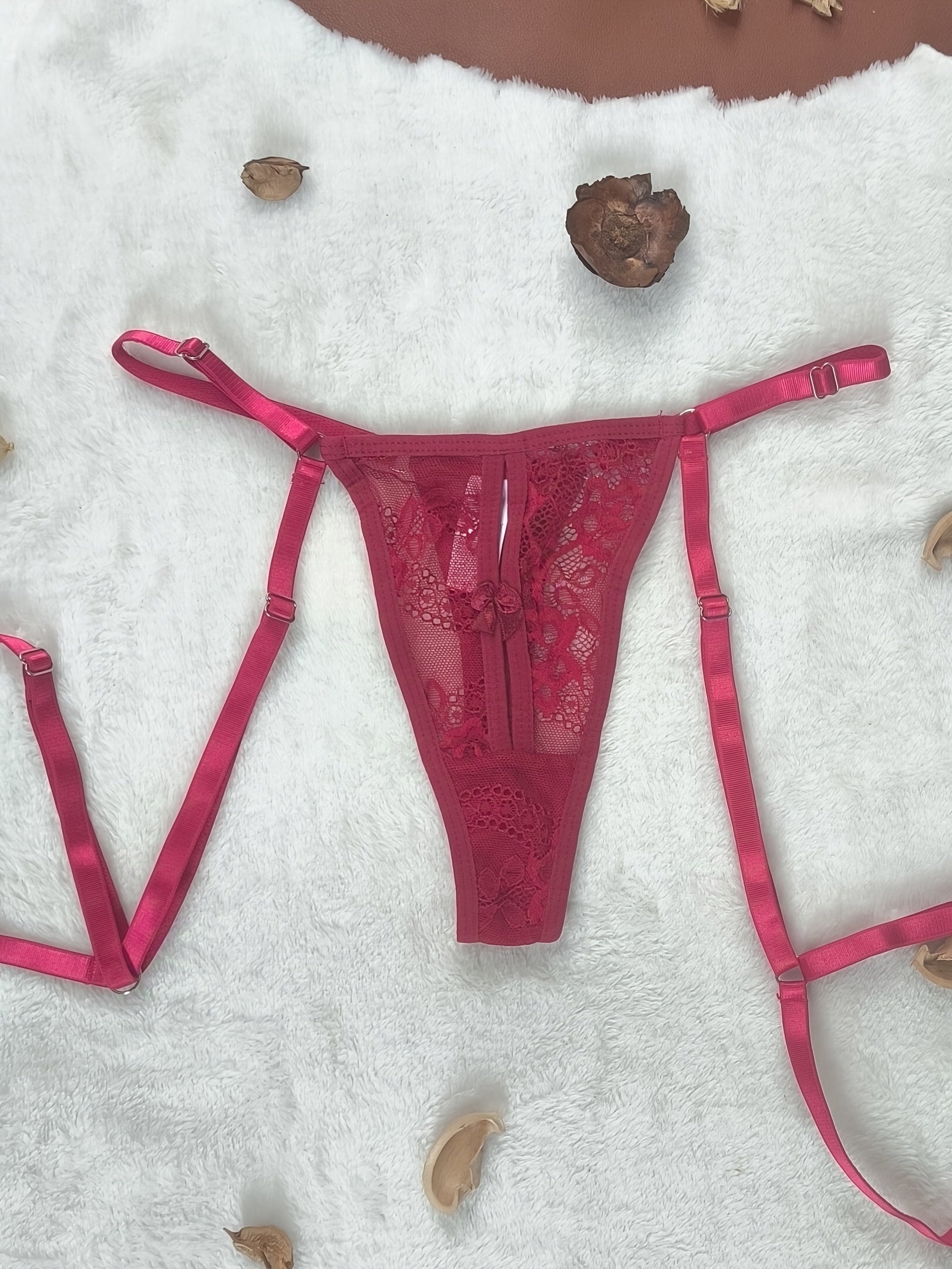 Adult Lace Contrast G-String Thong with Adjustable Straps and Drop Waist Solid Color Lingerie