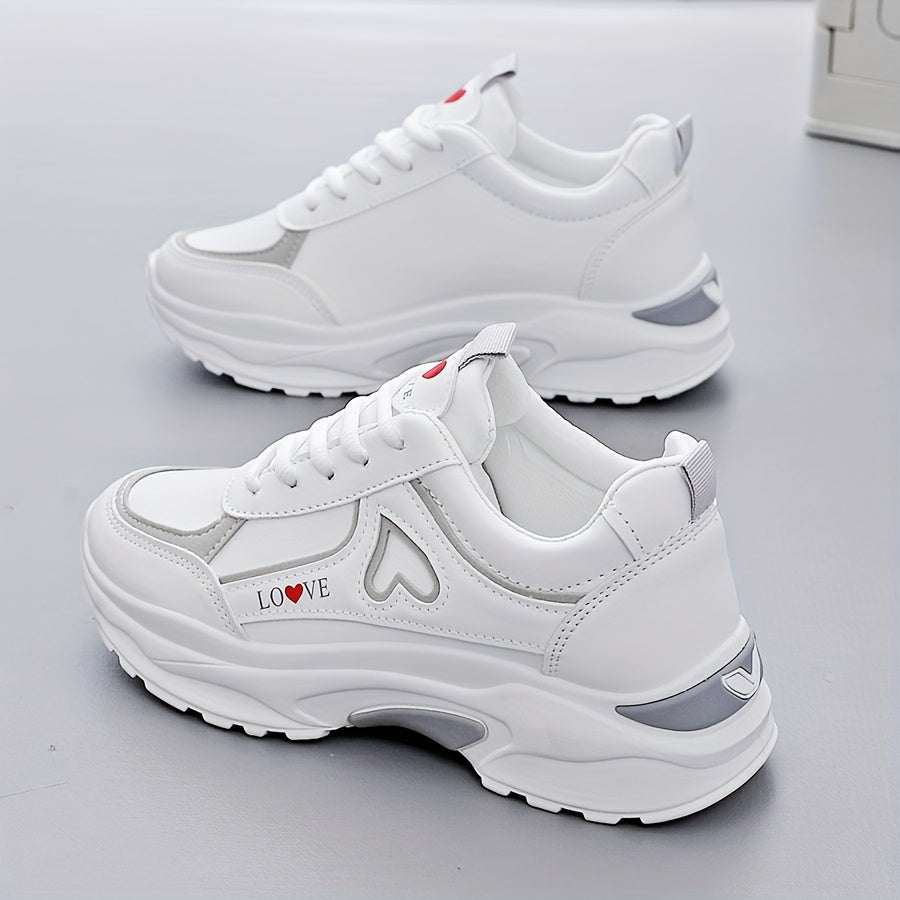Women's White Sneakers with Black Accents Casual Running Shoes Thick Sole