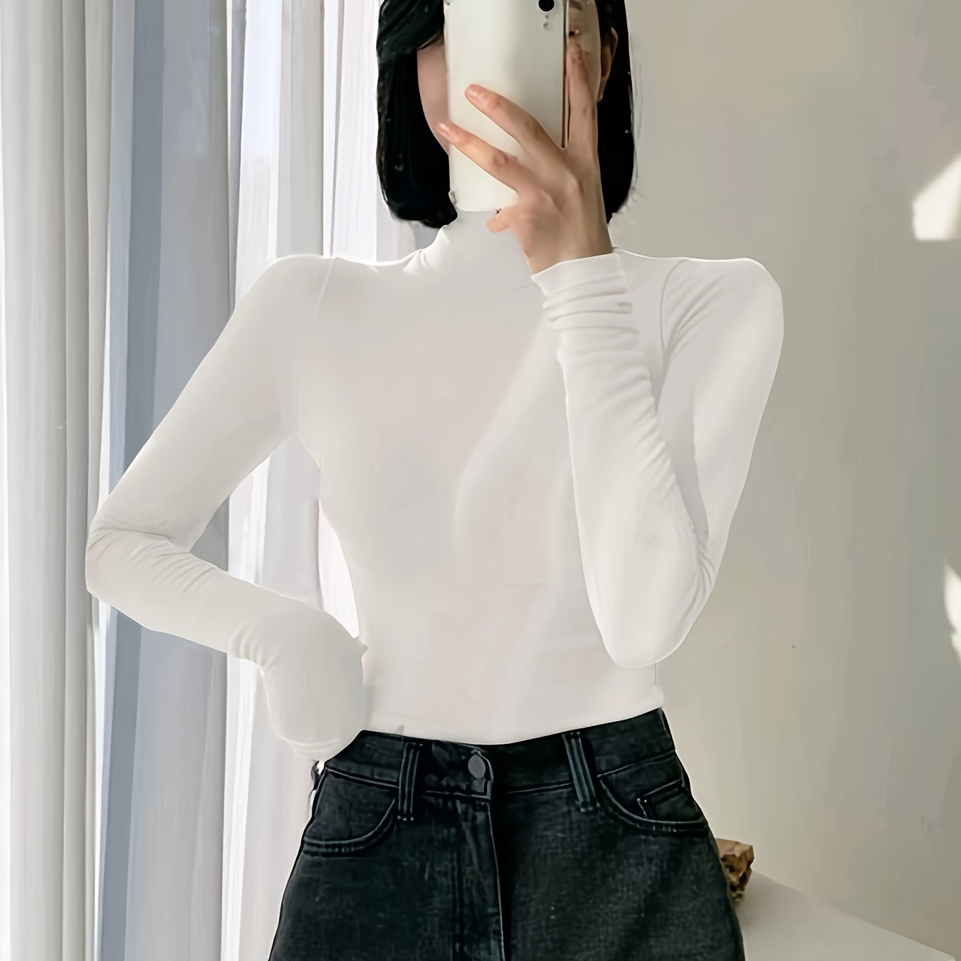 Cuello alto ajustado para mujer de manga larga de color sólido con mezcla de poliéster elástico para otoño primavera