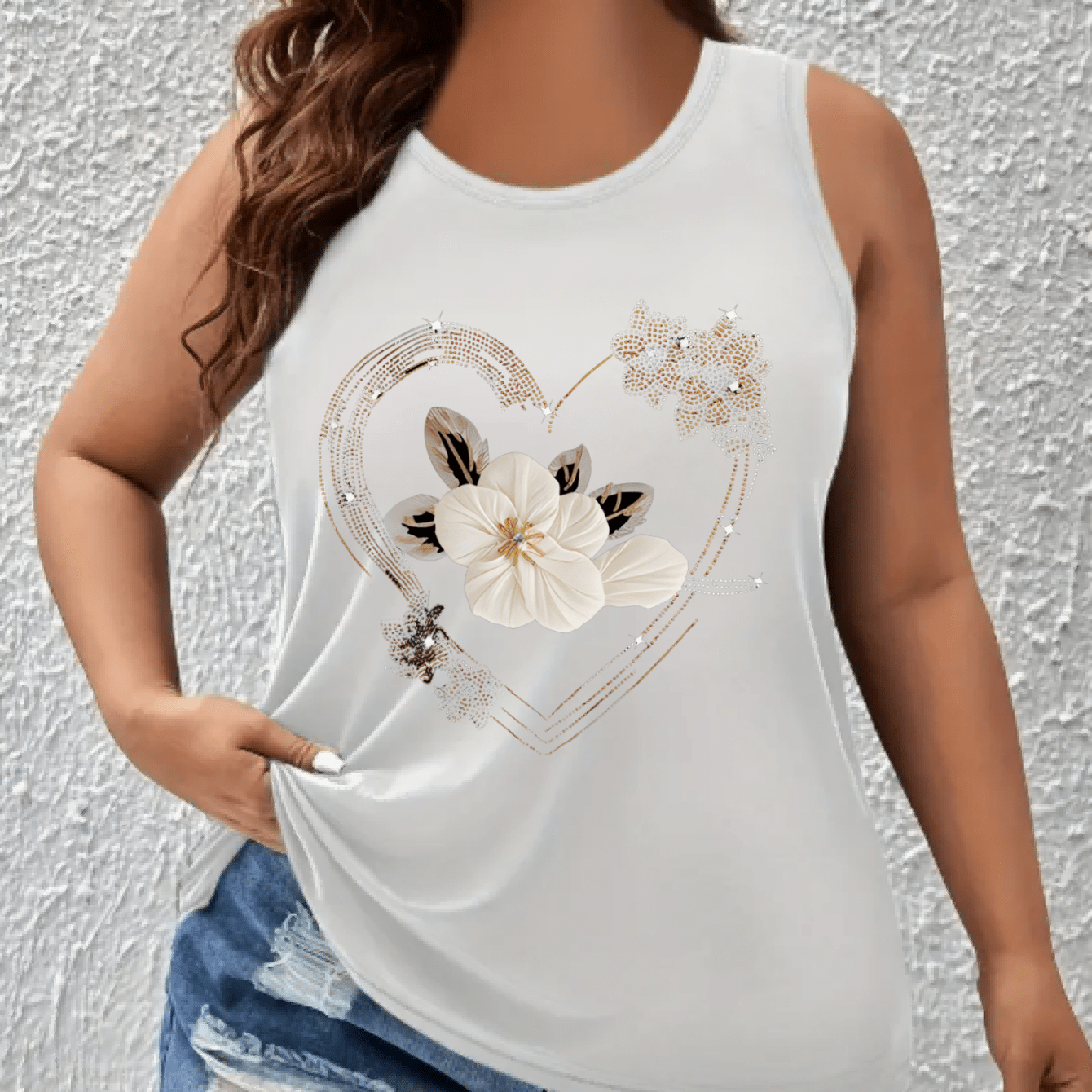 Women's Plus Size Sleeveless Tank Top Breathable Summer White Gold Floral